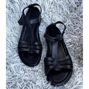 ECCO Flash Leather T-Bar Flat Sandal Black Hook Loop Close Womens 40